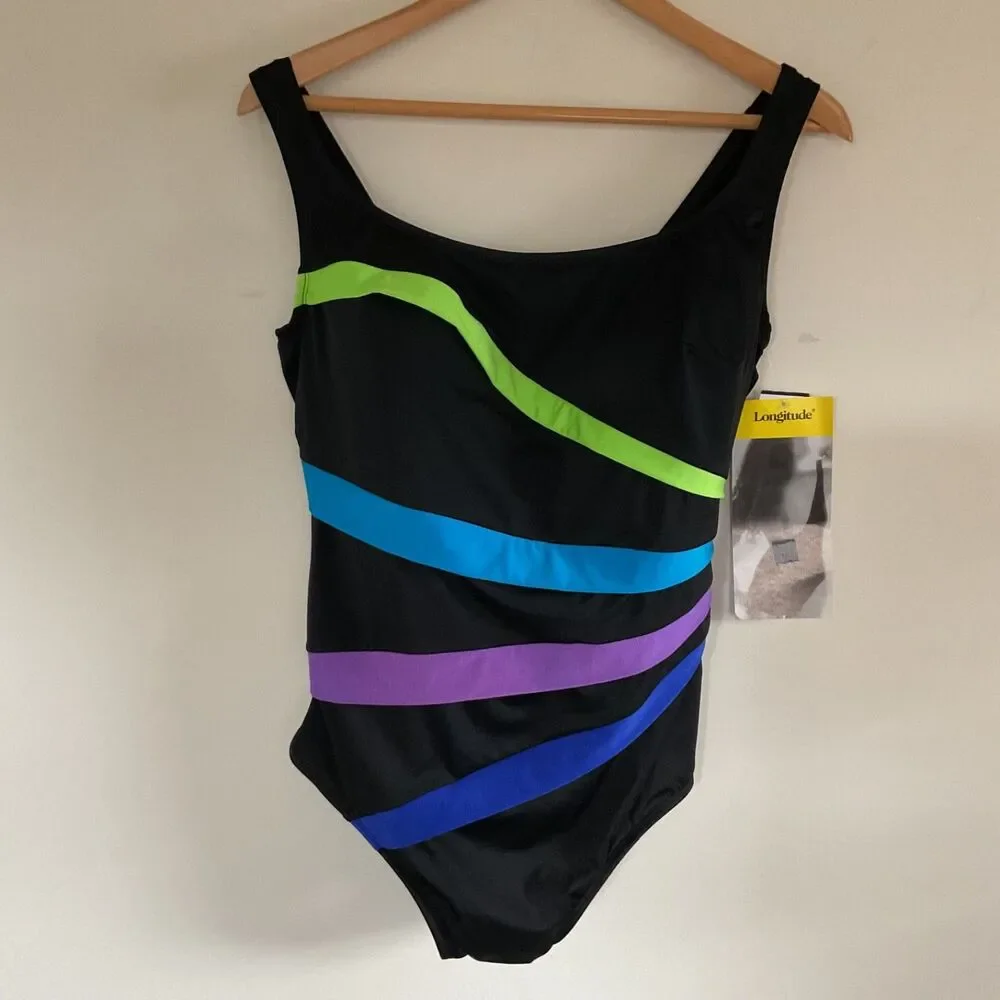Longitude Inches Away Colorblock Piping Fan One Piece Swimsuit 20W Black Multi